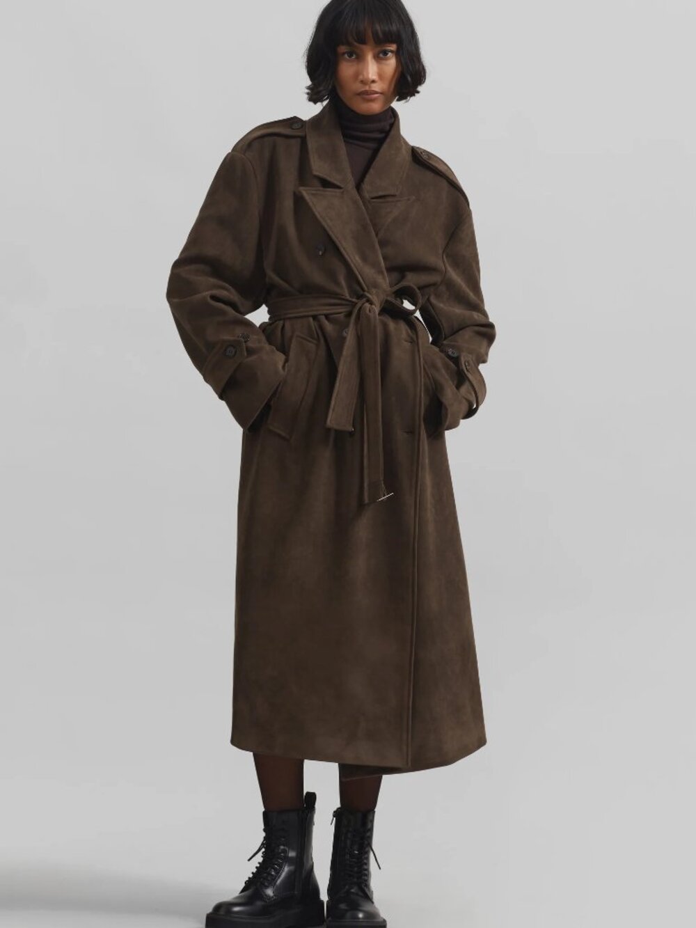 THE FRANKIE SHOP - Faux Suede Trench Coat - Brown